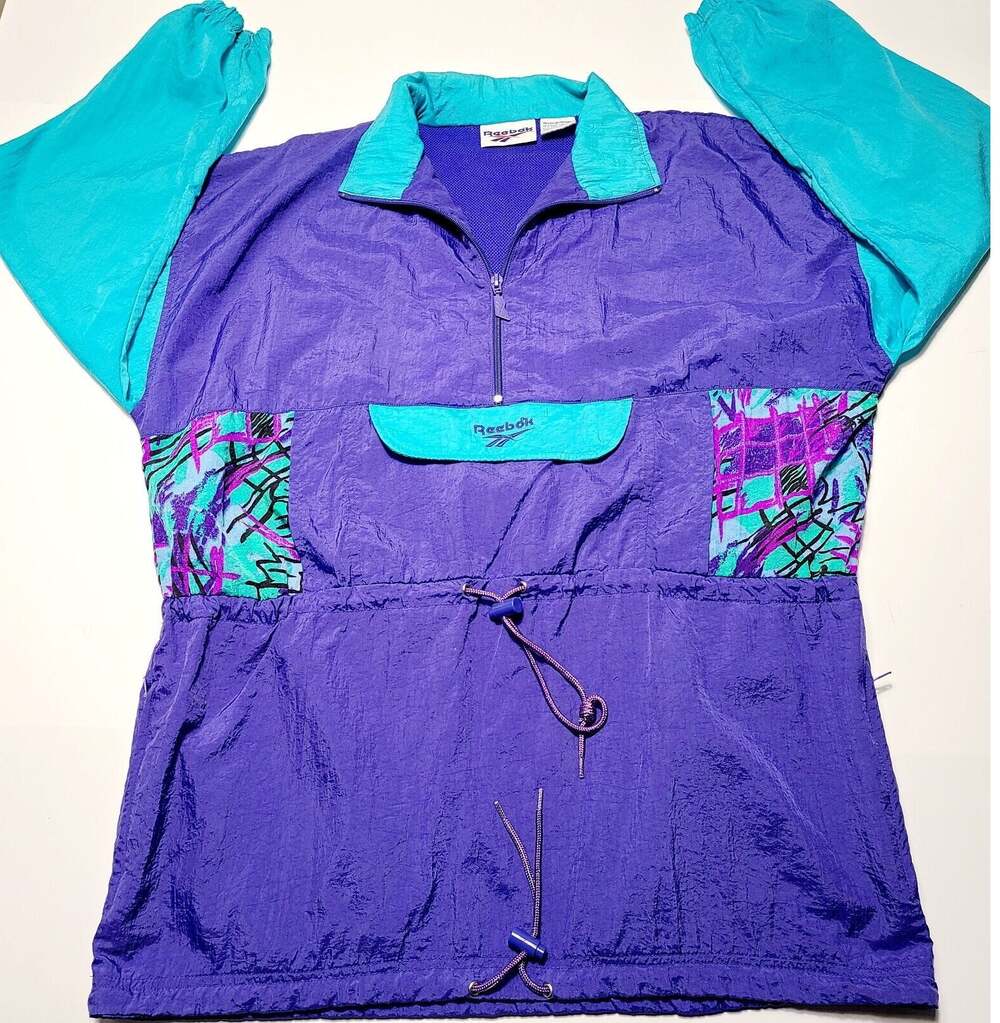 Vtg Reebok Anorak Track Jacket Purple Turquoise Windbreaker Women's Small 80's